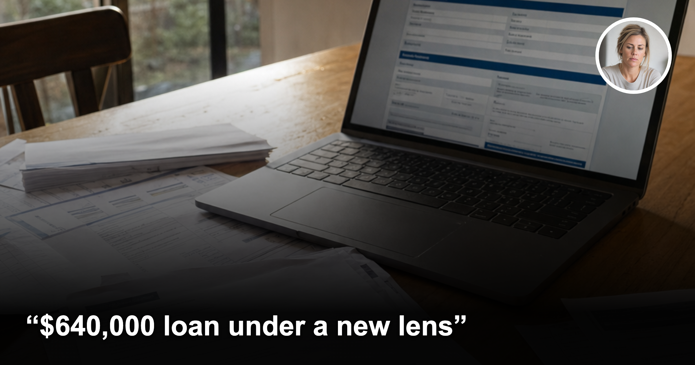 Mortgage documents and laptop on a kitchen table with a concerned woman inset