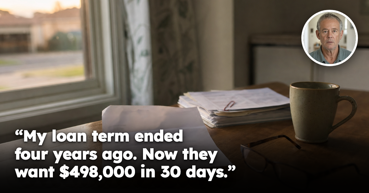 An opened bank letter and old loan documents on a kitchen table at dusk