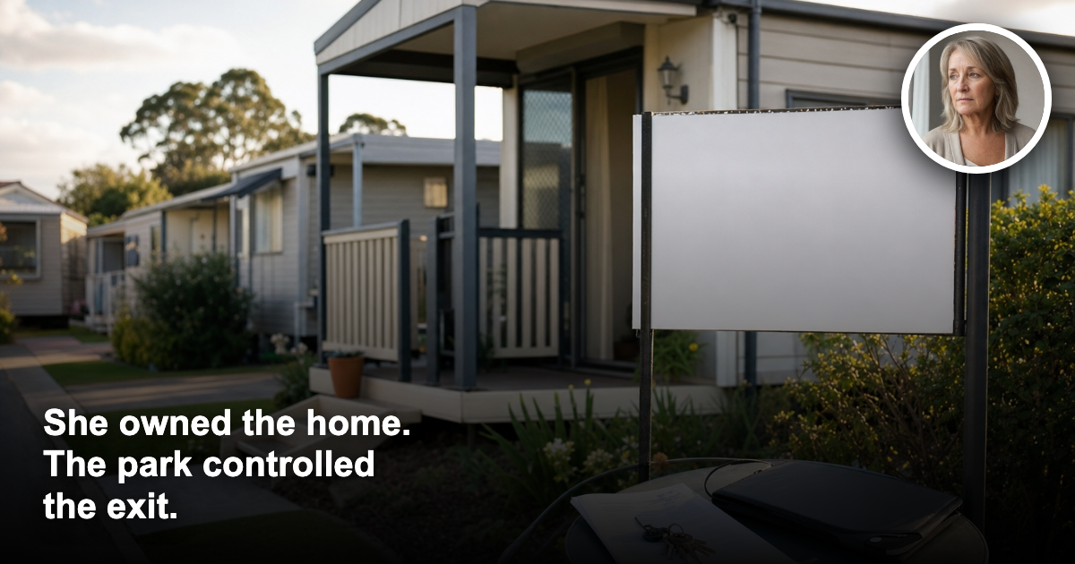Australian manufactured home in a residential park with sale documents and keys on an outdoor table