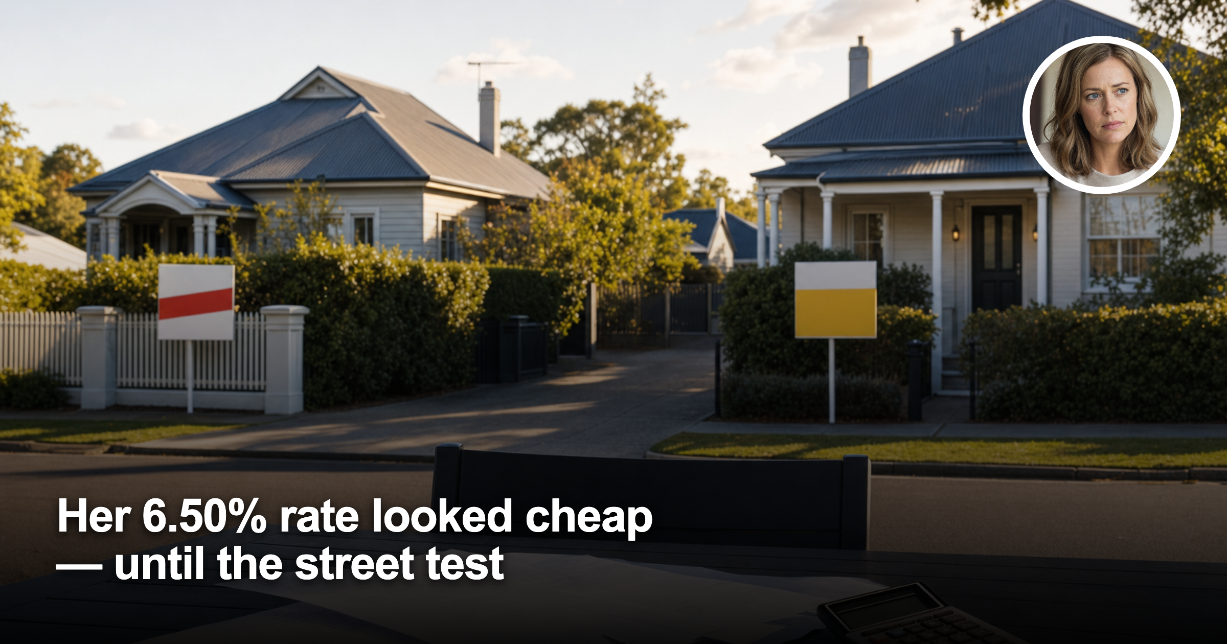 Two Australian homes on the same street with finance documents and a calculator