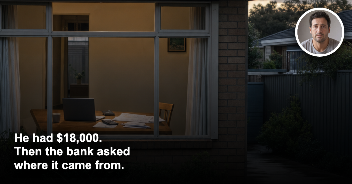 Australian brick home with mortgage documents on a table and a concerned borrower inset