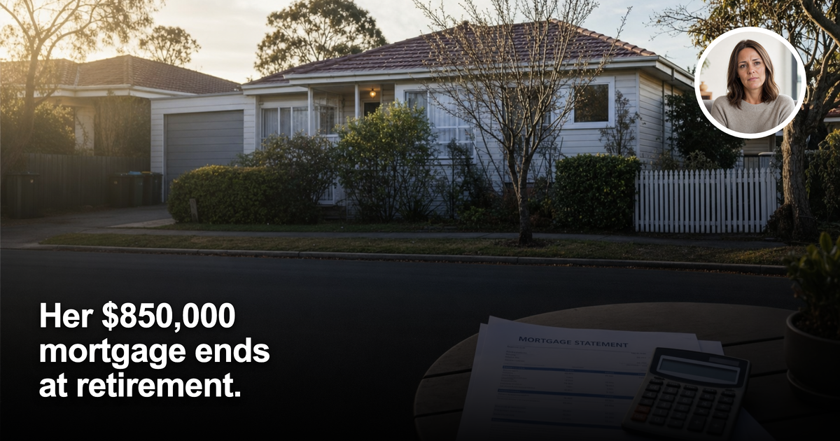 Australian suburban house with mortgage statement and calculator, with a concerned woman inset