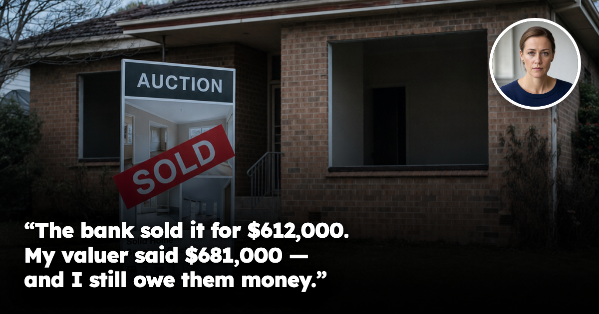A modest single-storey brick Australian investment house at dusk with a real estate auction sign on the front lawn carrying a red SOLD sticker, the windows dark and the house clearly vacated, a manila document folder and rolled valuation report resting on the low front fence