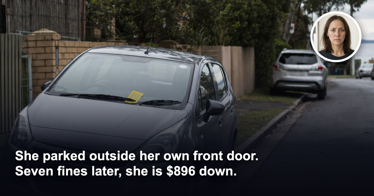A small grey hatchback parked with two wheels on the grass nature strip of a narrow Australian suburban street, a yellow parking infringement notice under the windscreen wiper