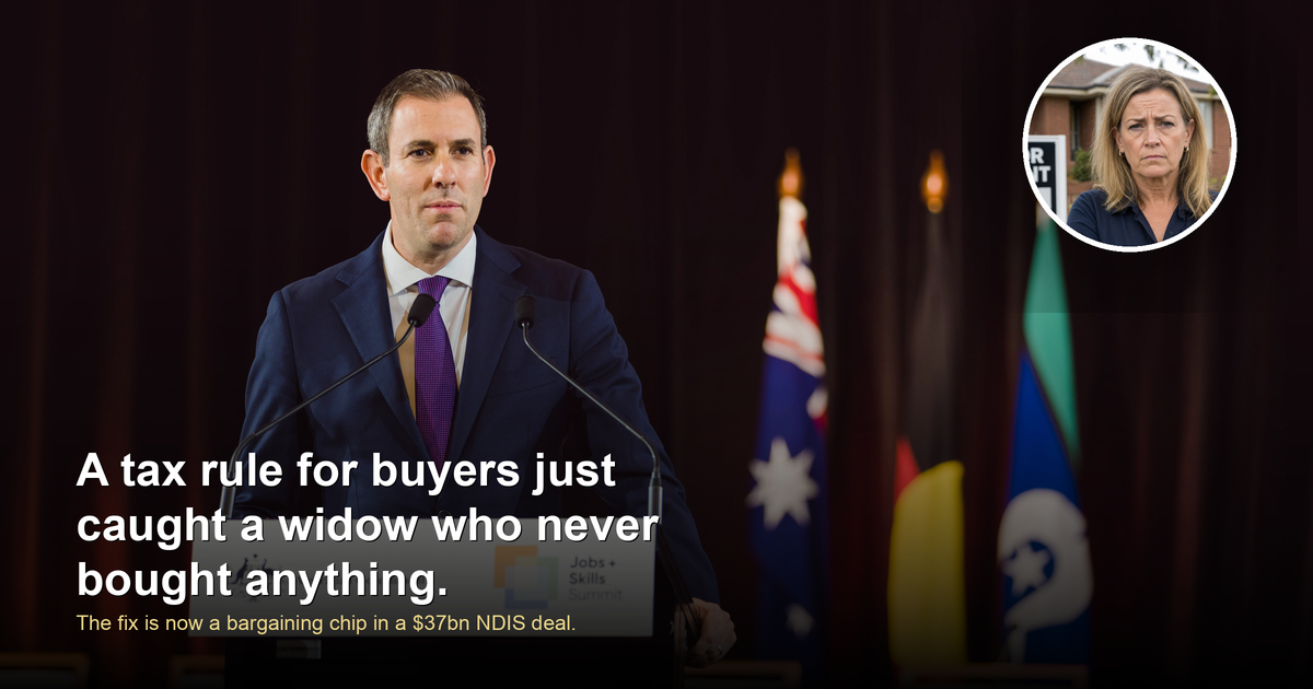 Australian Treasurer Jim Chalmers speaking at a press lectern, with an inset portrait of a frustrated woman standing in front of a suburban investment property