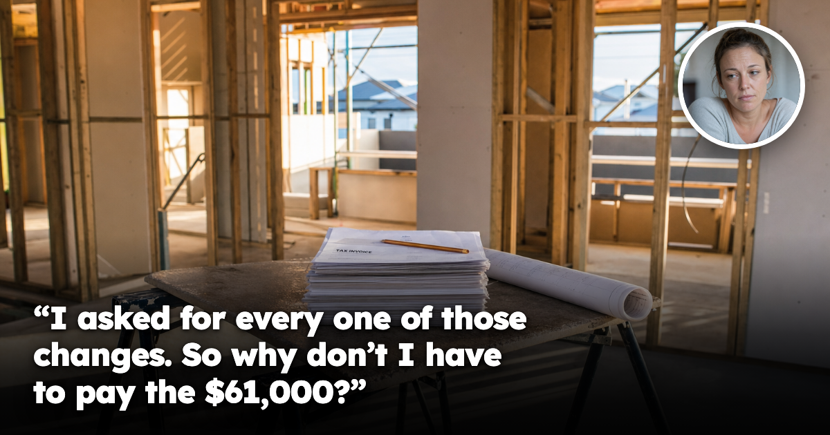 A stack of invoices and rolled architectural plans on a trestle table inside a half-built Australian home