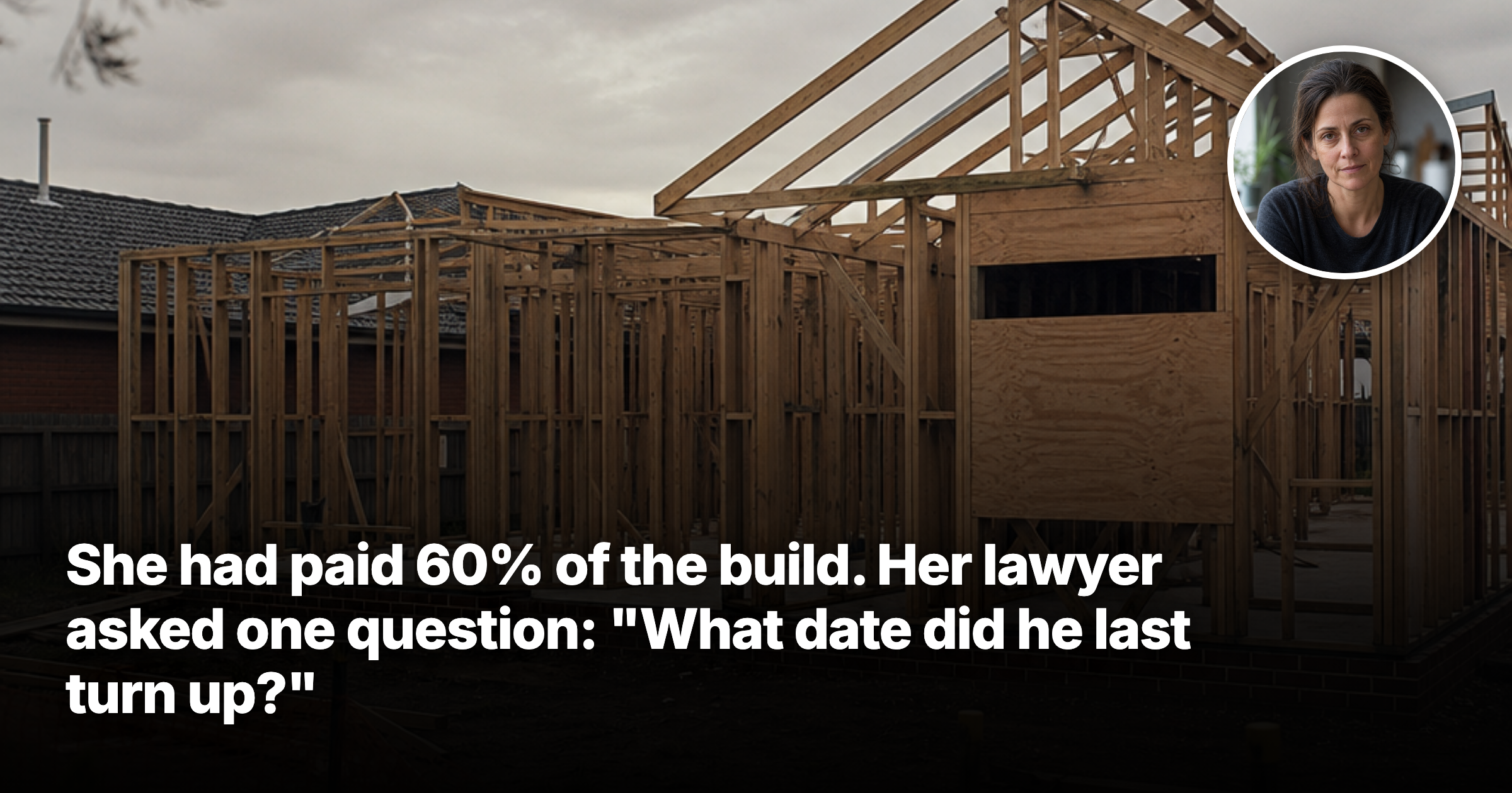 She'd paid 60% of the build. Her lawyer asked one question: what date did he last turn up?