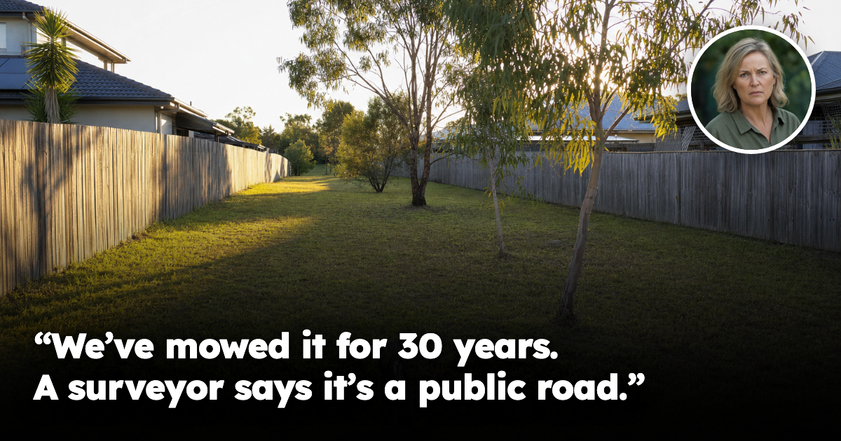 A narrow strip of mown grass running between two suburban paling fences, with an old timber survey peg in the foreground and no road surface of any kind
