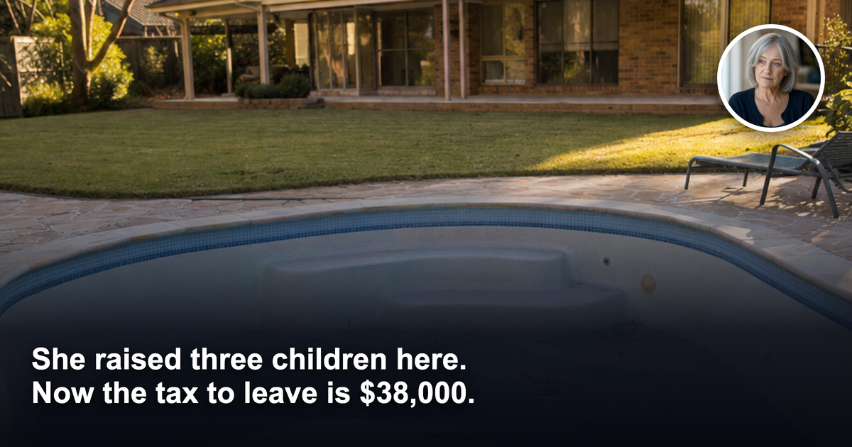 A large two-storey Australian brick family home behind an unused backyard swimming pool with leaves floating on the surface