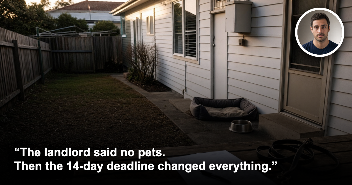 Australian suburban rental backyard with dog bed, water bowl and pet application on an outdoor table
