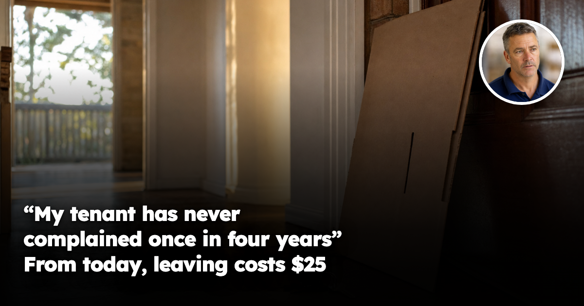 An empty hallway of a modest Australian brick-veneer house at dusk, with a set of keys and a flattened cardboard moving box leaning against the open front door, warm low light across bare timber floorboards.