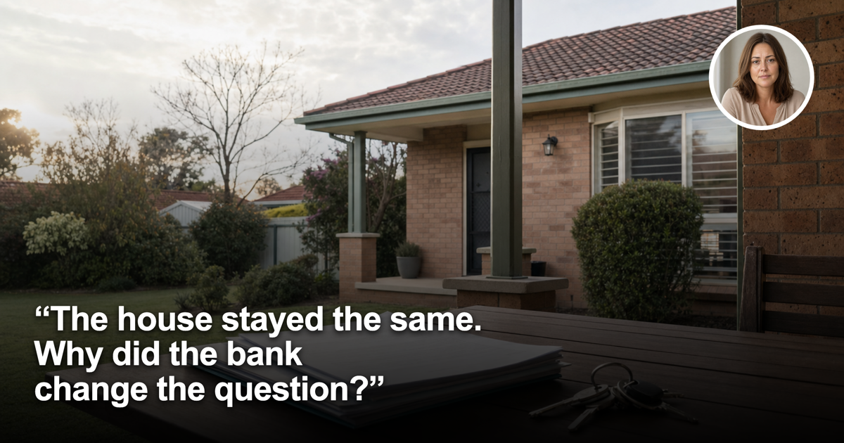 Australian suburban brick home with mortgage papers, house keys and a female borrower headshot inset