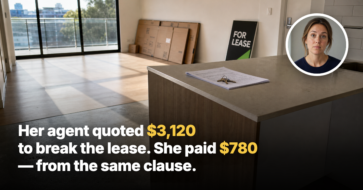 Keys and a folded lease document on the benchtop of an empty rental apartment on handover day, with a for-lease sign by the door