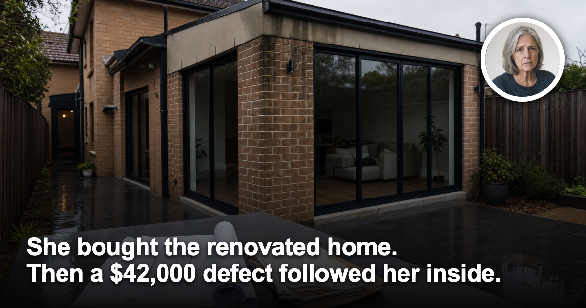 Rainy Australian brick home extension with renovation plans and a concerned older woman inset