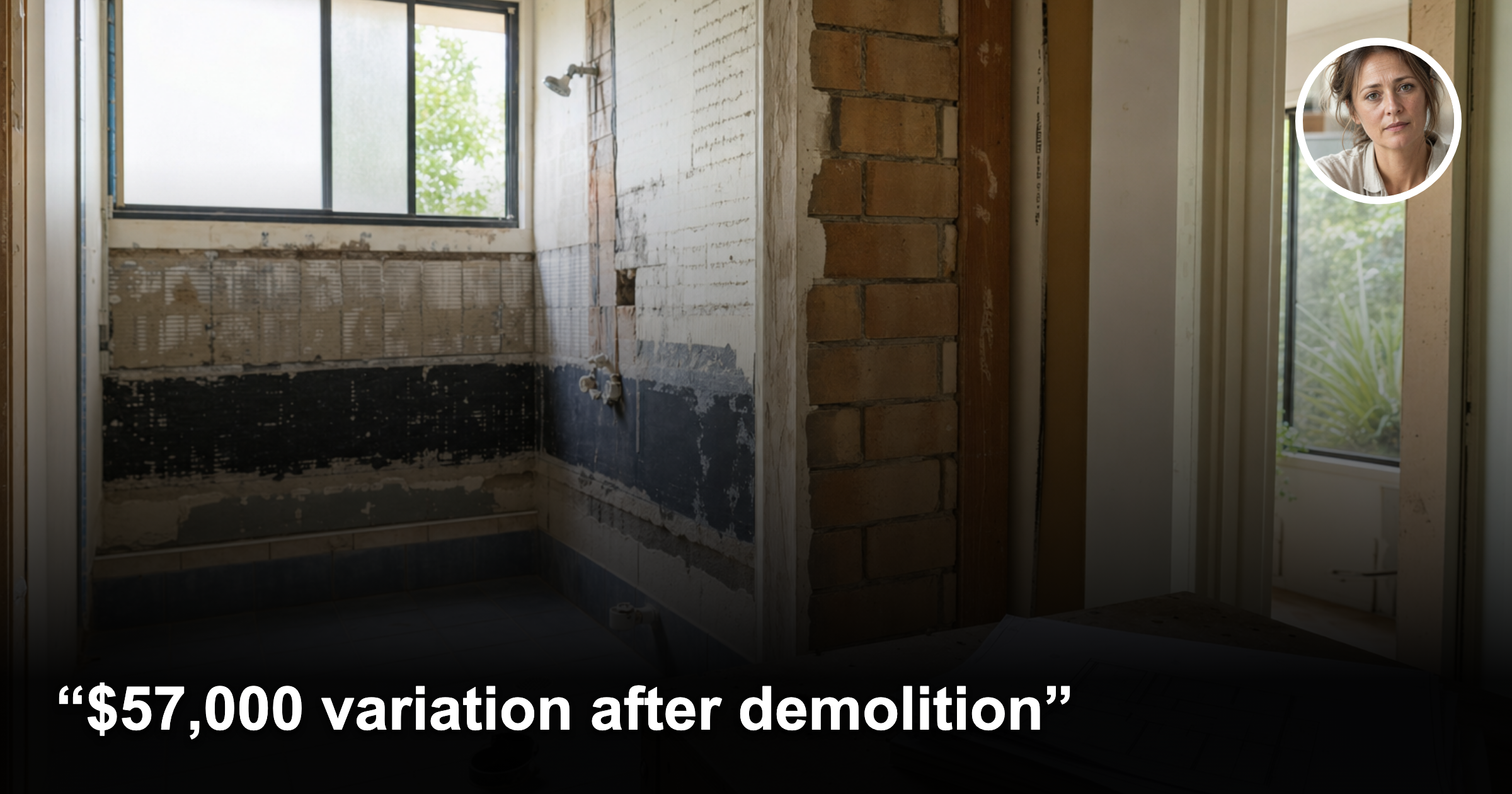 Partly demolished Australian bathroom with female headshot inset