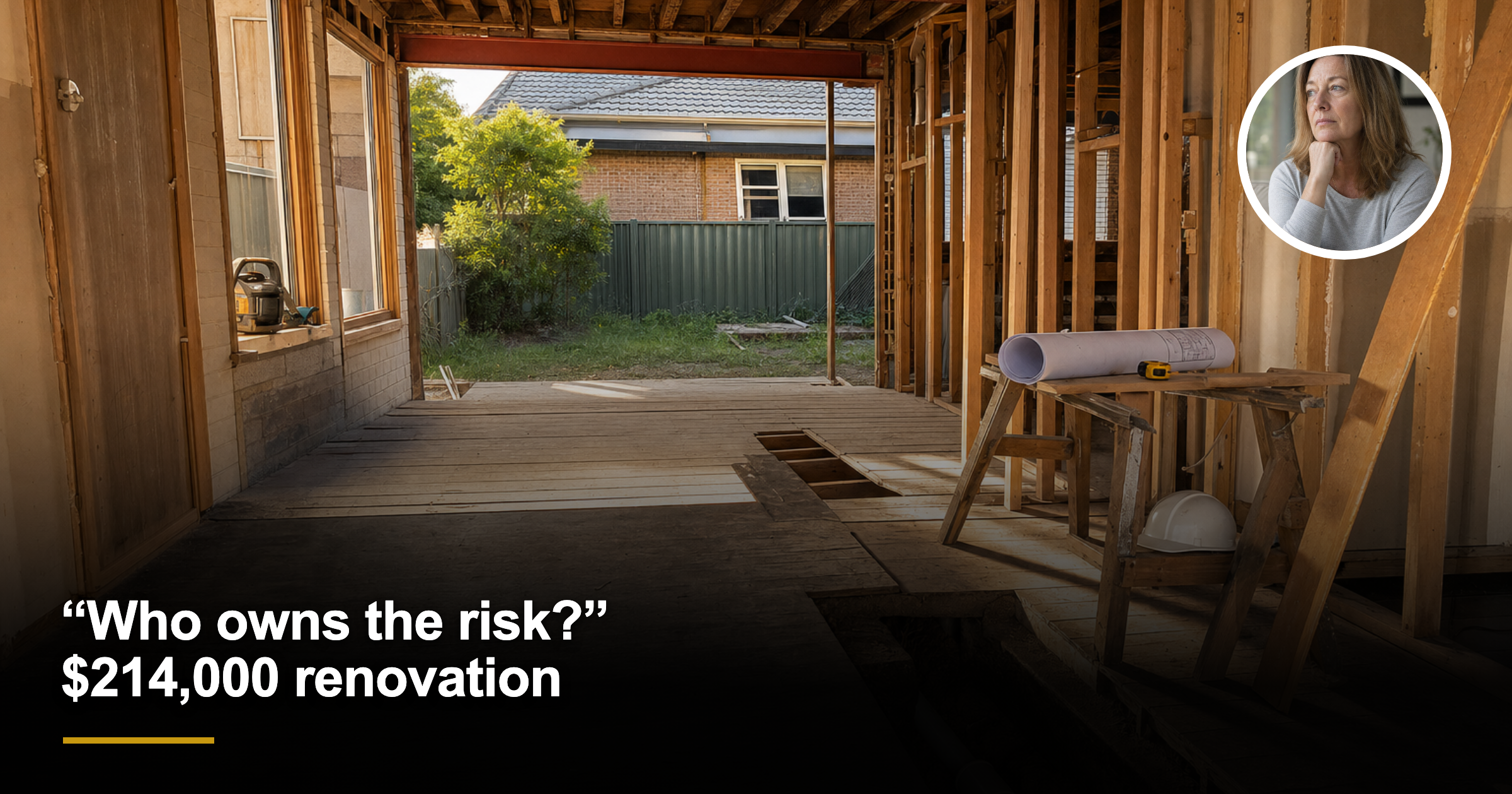 Unfinished Australian home extension with plans and a concerned woman inset