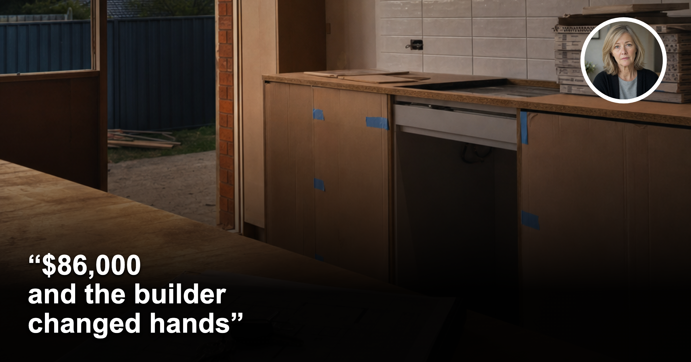 Unfinished Australian kitchen renovation with plans and keys and female headshot inset
