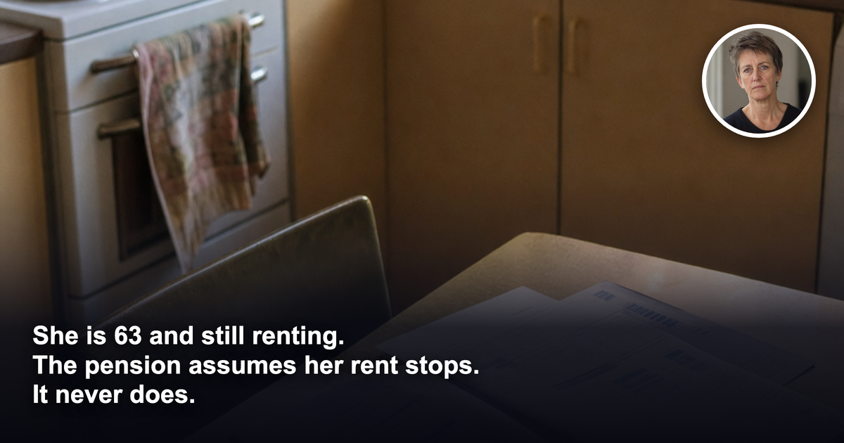 A dated rented Australian flat kitchen at dusk with a superannuation statement and tenancy paperwork open on the table beside a set of keys, reading glasses and a cold cup of tea