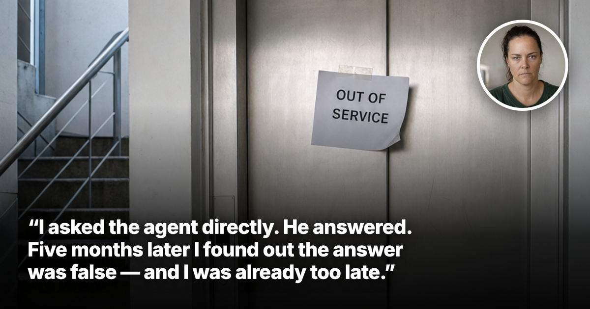 An apartment lift with an out-of-service sign taped across the doors, beside a concrete stairwell with a child's walker and school backpack on the floor