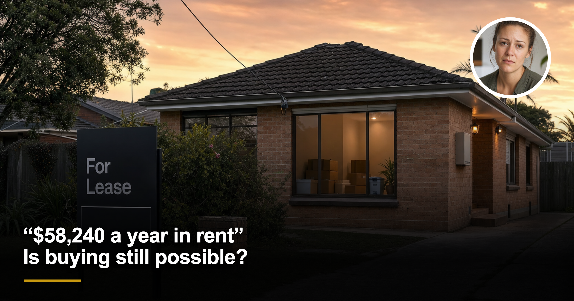 Australian rental home at dusk with moving boxes and female headshot inset