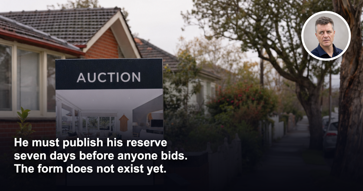 A real estate auction sign board with a blank price panel on the front fence of a red-brick family home on a quiet Melbourne street