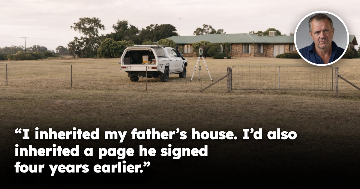 A white utility vehicle and a surveyor's tripod parked on a dry rural paddock behind a low-set brick house at dawn