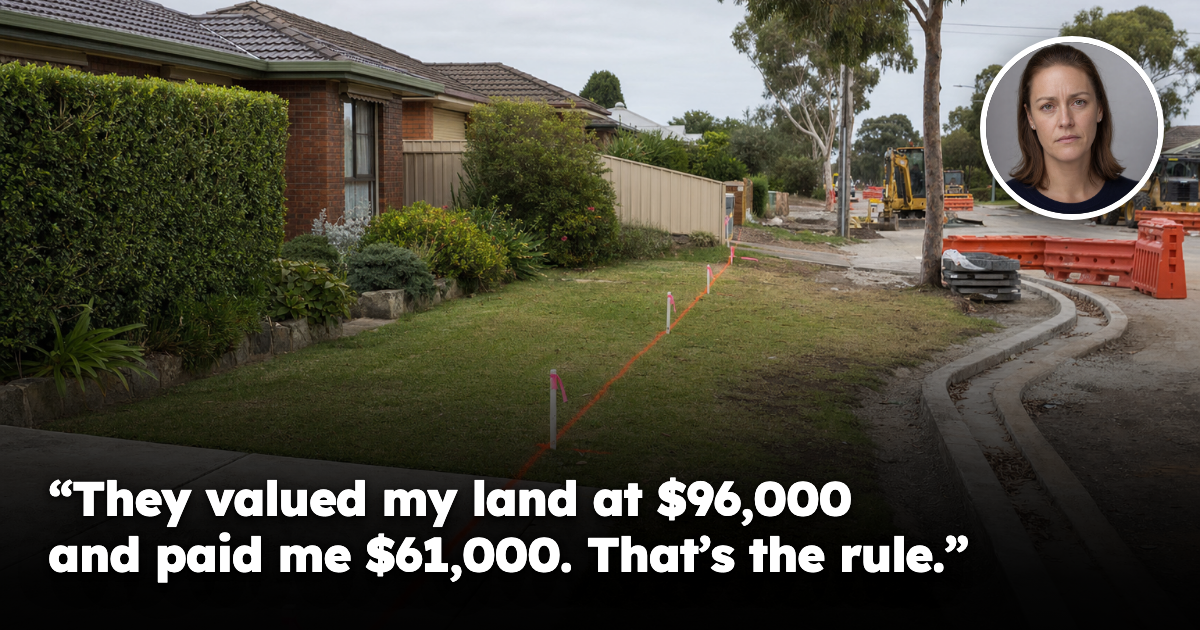 A suburban front yard with an orange surveyor's line and survey pegs marking off a strip of lawn and the driveway crossover, with road construction barriers and idle machinery on the street beyond