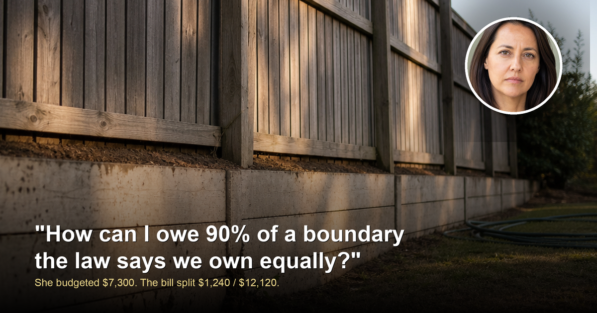 A timber paling fence sitting on top of a low concrete retaining wall along a suburban boundary on a sloping block