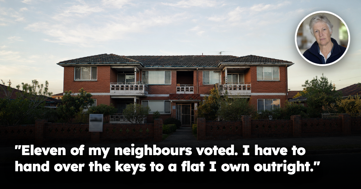 An ageing low-set red brick walk-up apartment block of about fourteen units in an Australian suburb, photographed from the footpath in late afternoon light, with a small unreadable development notice on the front fence.