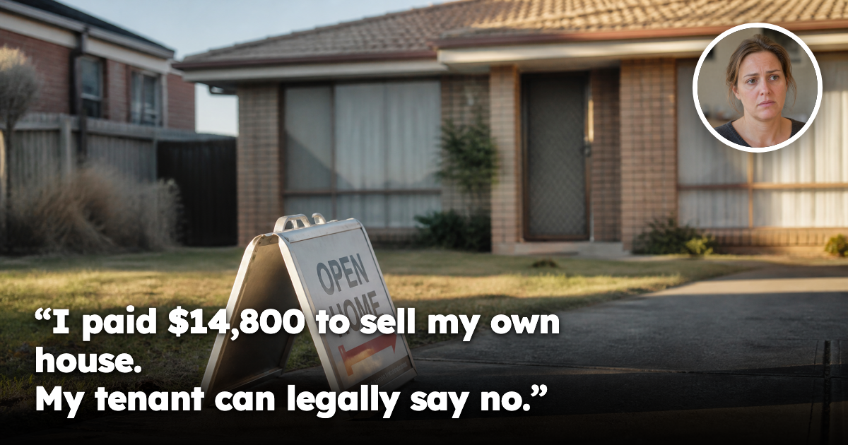 An open home sign turned away from the street outside a closed-up Australian suburban house