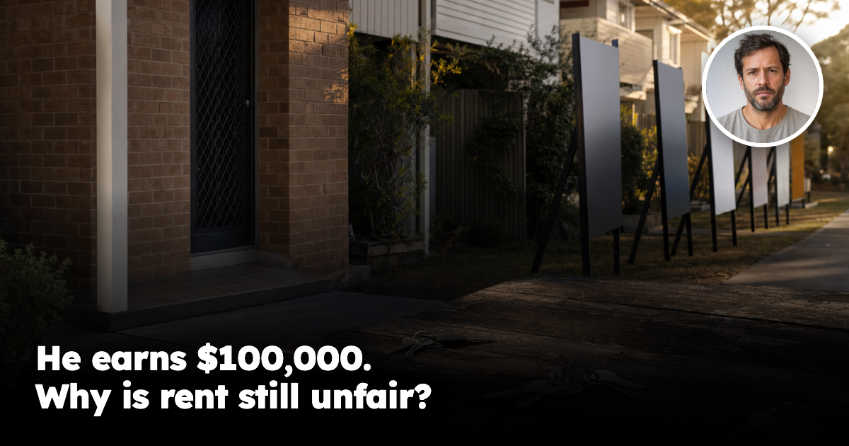 Australian rental inspection signs and keys outside a townhouse with a male headshot inset