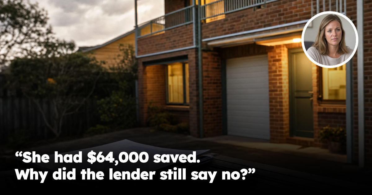 Australian brick townhouse at dusk with concerned female buyer headshot inset
