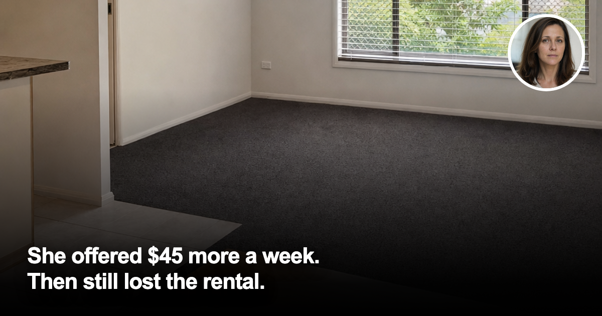Empty Australian rental living room with application folder and keys, with a female headshot inset