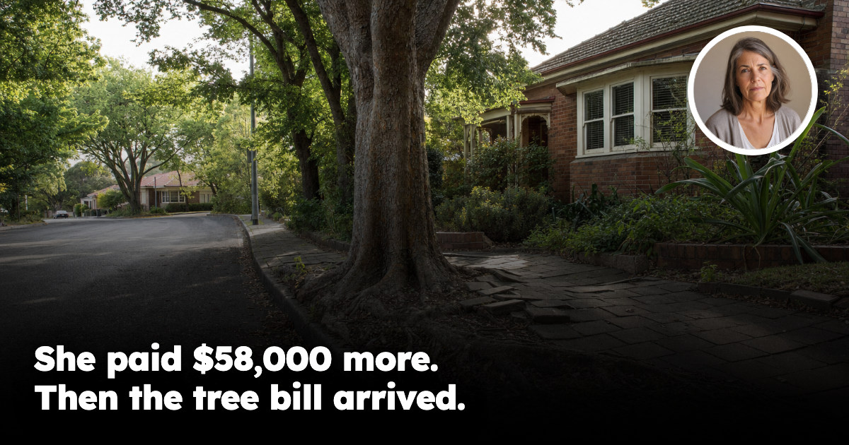 Australian leafy suburban street, mature tree and detached brick home with female headshot inset