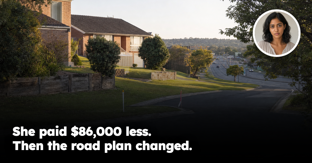 Australian suburban road corridor and detached home with female headshot inset
