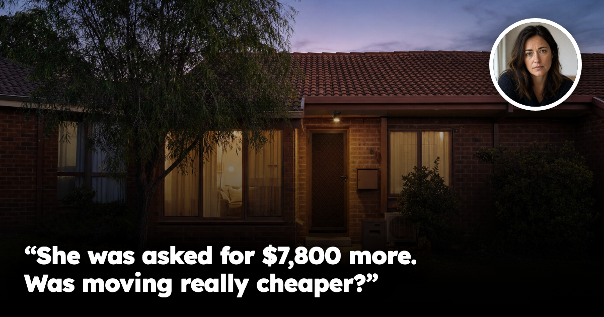 Australian townhouse at dusk with female renter headshot inset