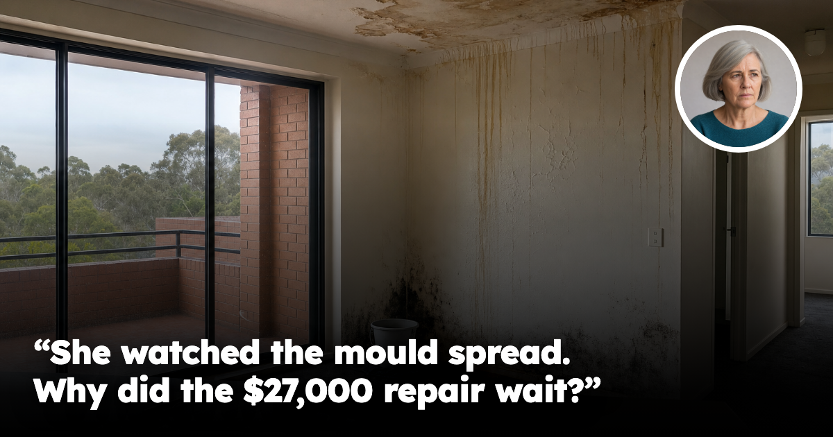 Water-damaged Australian apartment with mould and female owner headshot inset