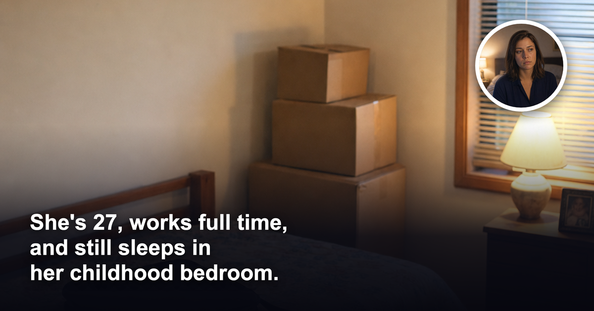 A childhood bedroom in an Australian brick home at dusk, an adult work bag on a single bed with unopened moving boxes stacked in the corner