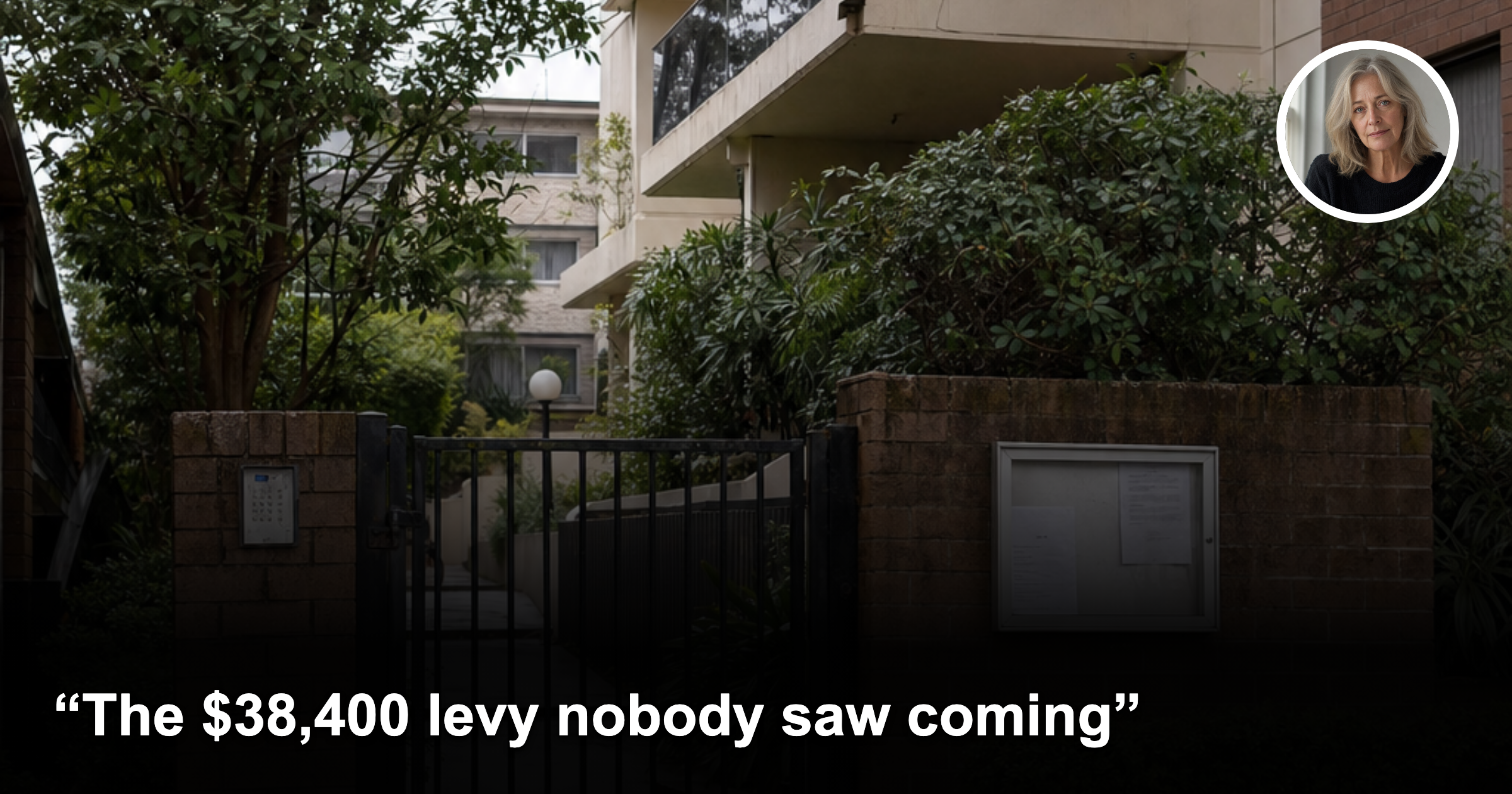 Australian apartment building exterior with female headshot inset