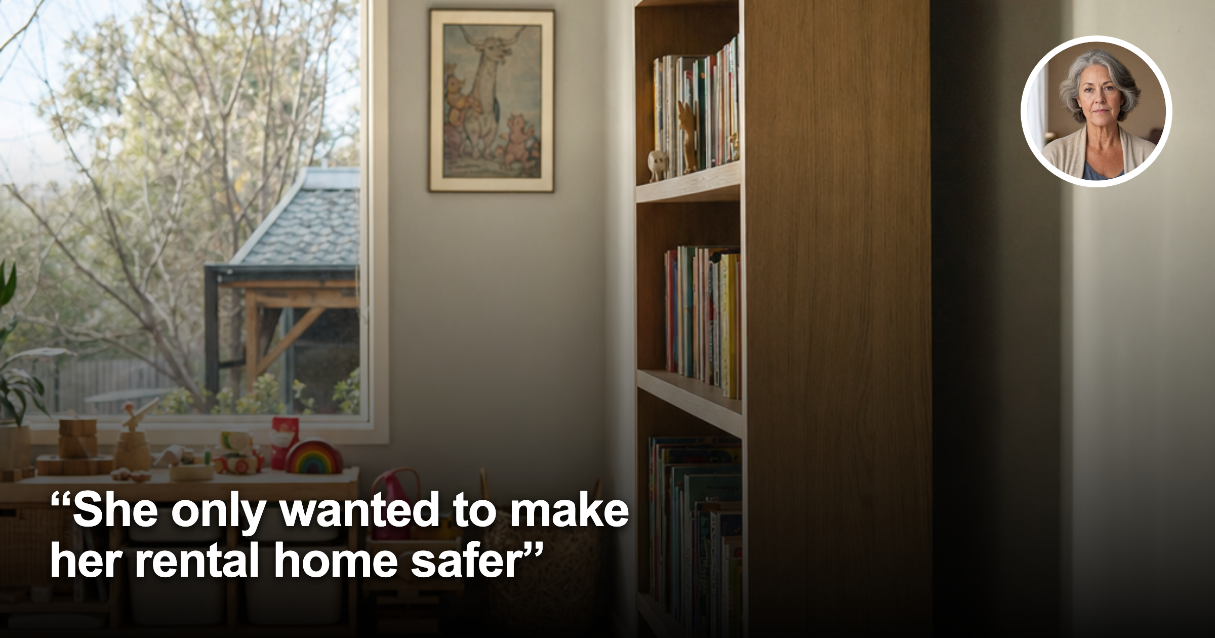 Wall-anchored bookcase beside a children’s play area in an Australian rental home