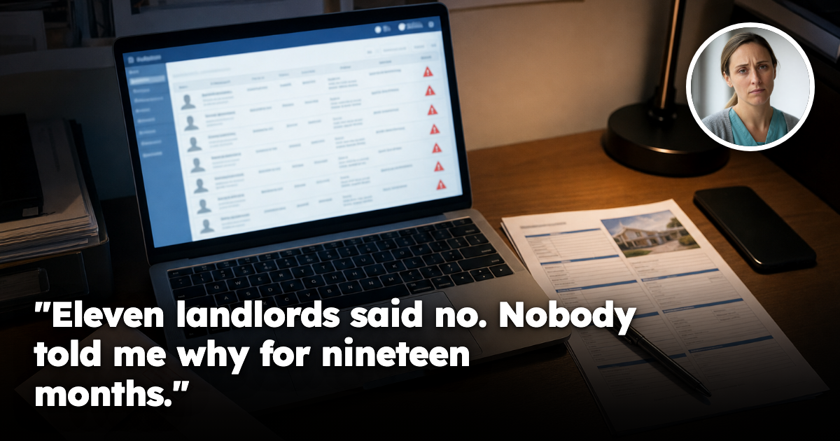 A dimly lit desk with a laptop showing a list of tenancy applicant records flagged with red warning icons, beside a printed rental application form and an unopened envelope