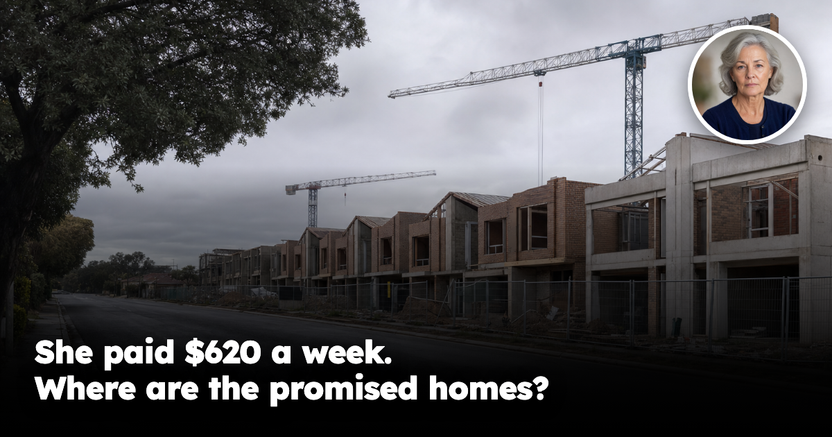 Australian suburban affordable housing construction site with a woman inset
