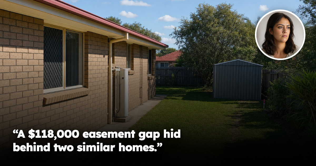Australian brick home and backyard with a visible service easement corridor, female portrait inset