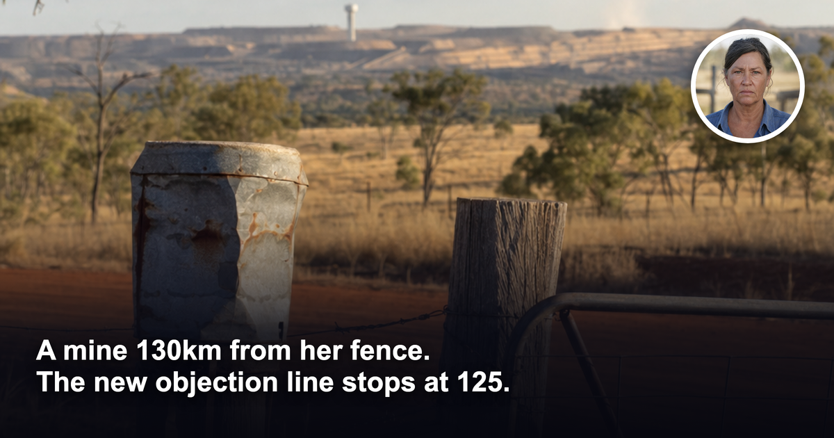 Weathered farm gate and mailbox on a red-dirt Queensland road with a distant open-cut mine on the horizon