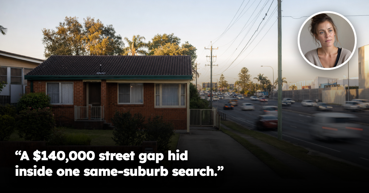 Australian brick house beside a busy arterial road with female portrait inset