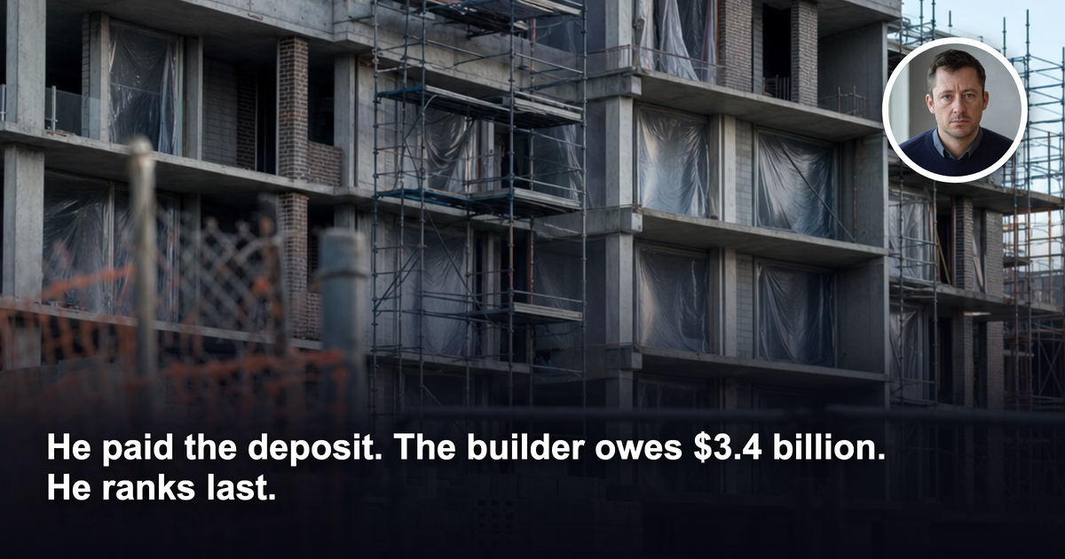 A stalled, partly built apartment block behind locked site fencing on an empty Australian construction site