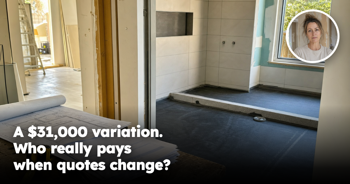 Australian bathroom renovation with plans, invoices and a worried female homeowner headshot inset