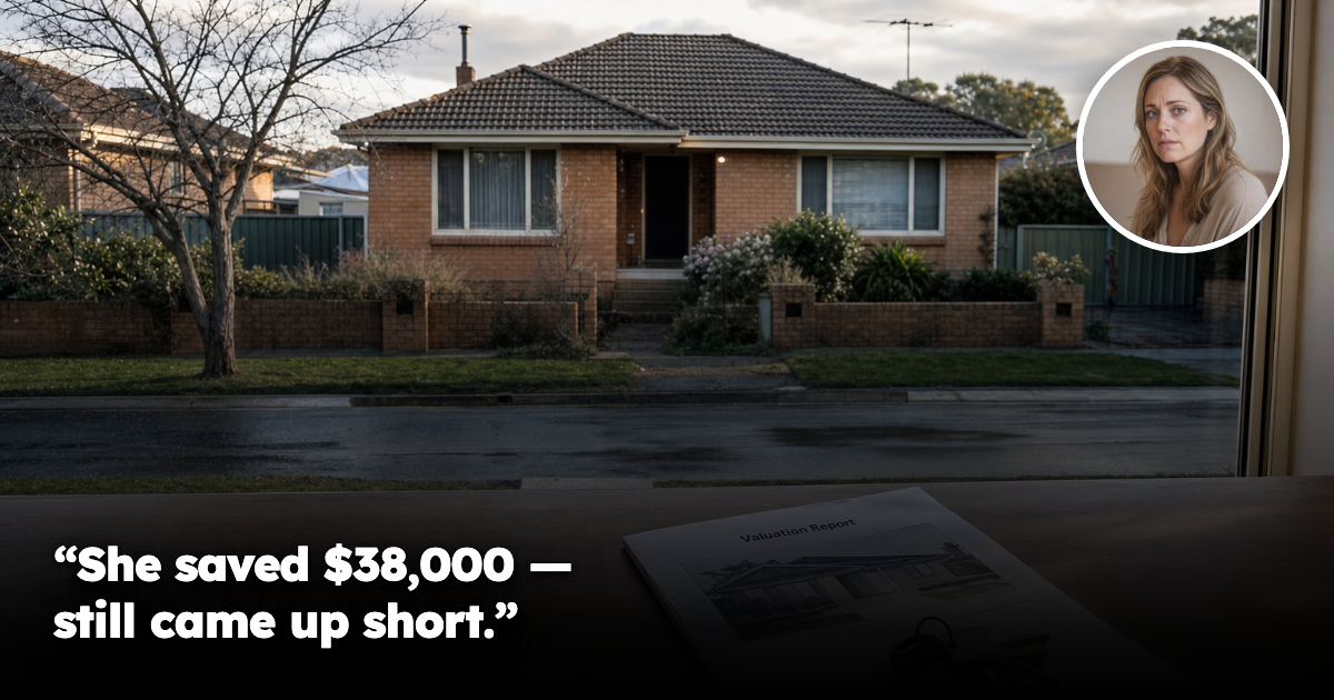 Modest Australian brick home, valuation report and female headshot inset