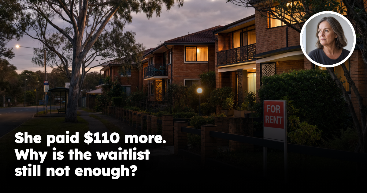 Australian suburban townhouse rental street at dusk with a woman inset