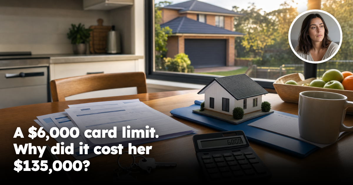 Australian mortgage application table with calculator, house model and female headshot inset